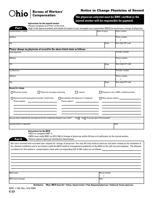 Form C 23 Bwc 1128 Download Printable Pdf Or Fill Online Notice To Change Physician Of Record Ohio Templateroller