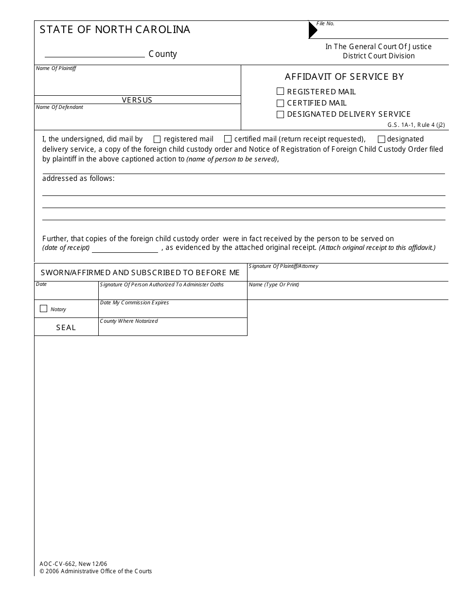 Form AOC-CV-662 Affidavit of Service by Registered Mail/Certified Mail/Designated Delivery Service - North Carolina, Page 1