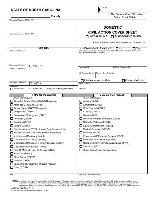 Form AOC-CV-750 Domestic Civil Action Cover Sheet - North Carolina