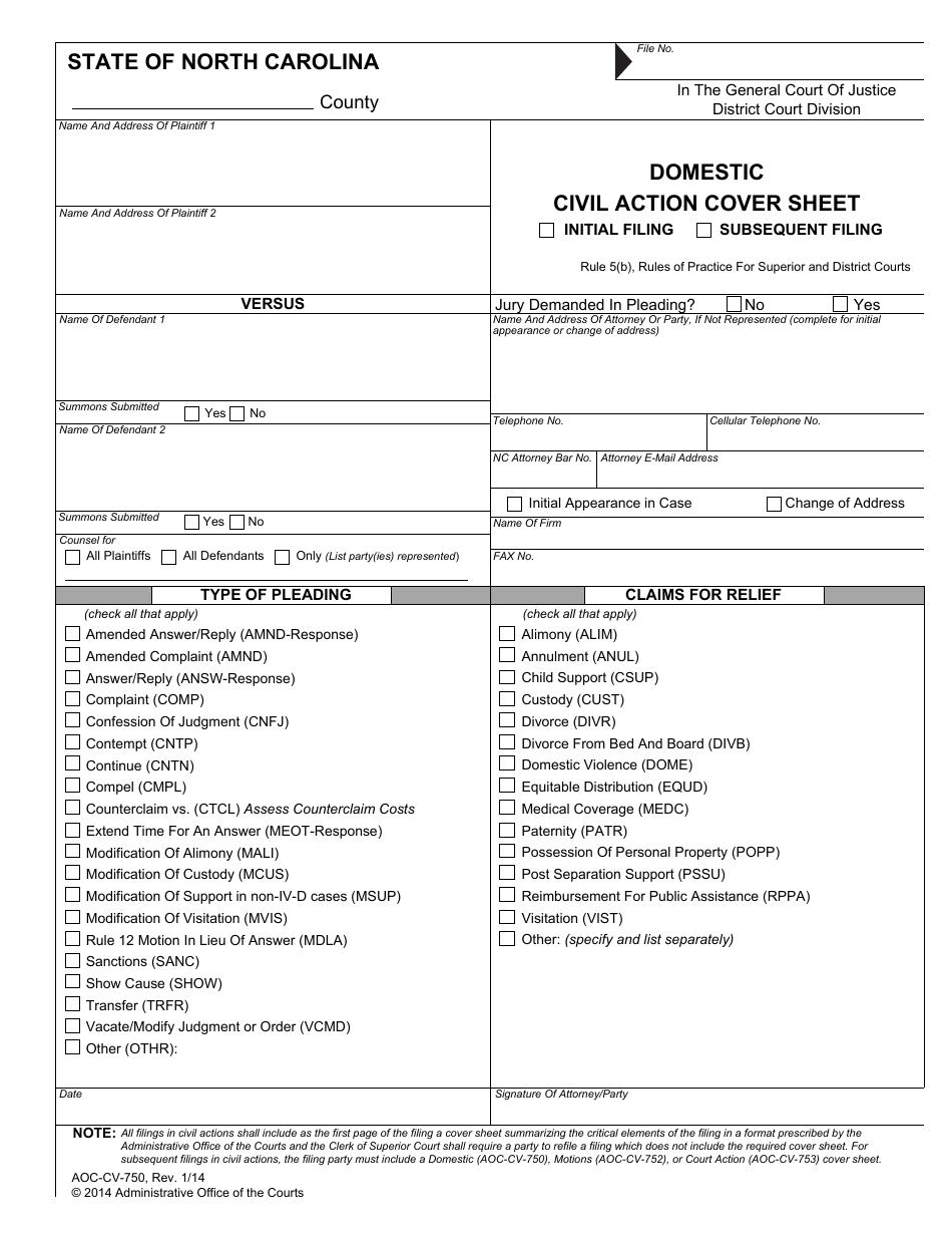 Form AOC-CV-750 Domestic Civil Action Cover Sheet - North Carolina, Page 1