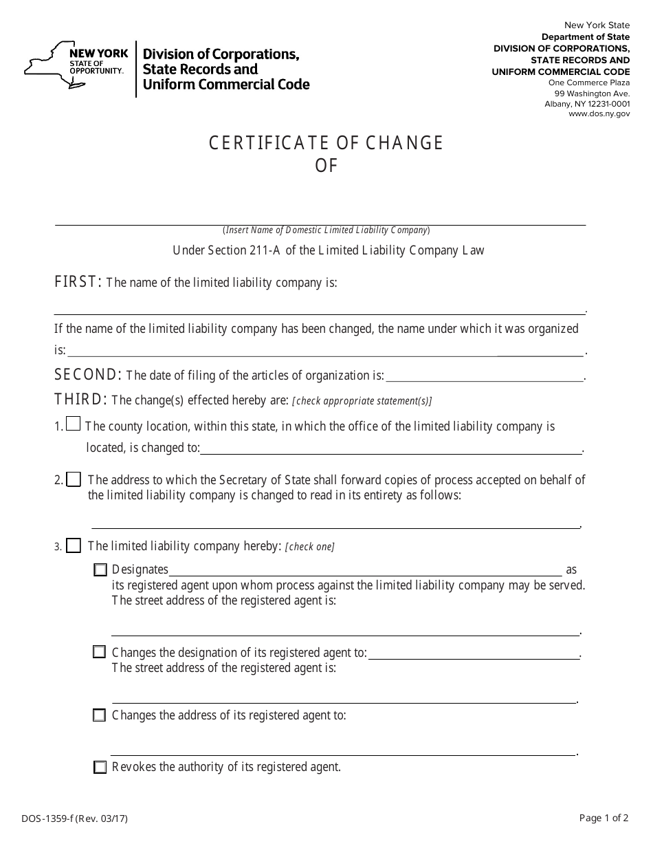 Form DOS-1359-F Certificate of Change - New York, Page 1