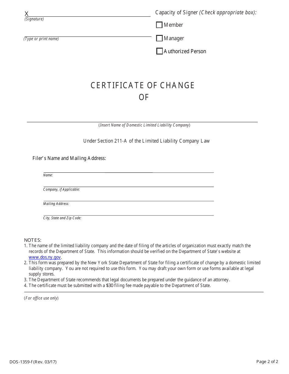 Form DOS-1359-F Certificate of Change - New York, Page 2