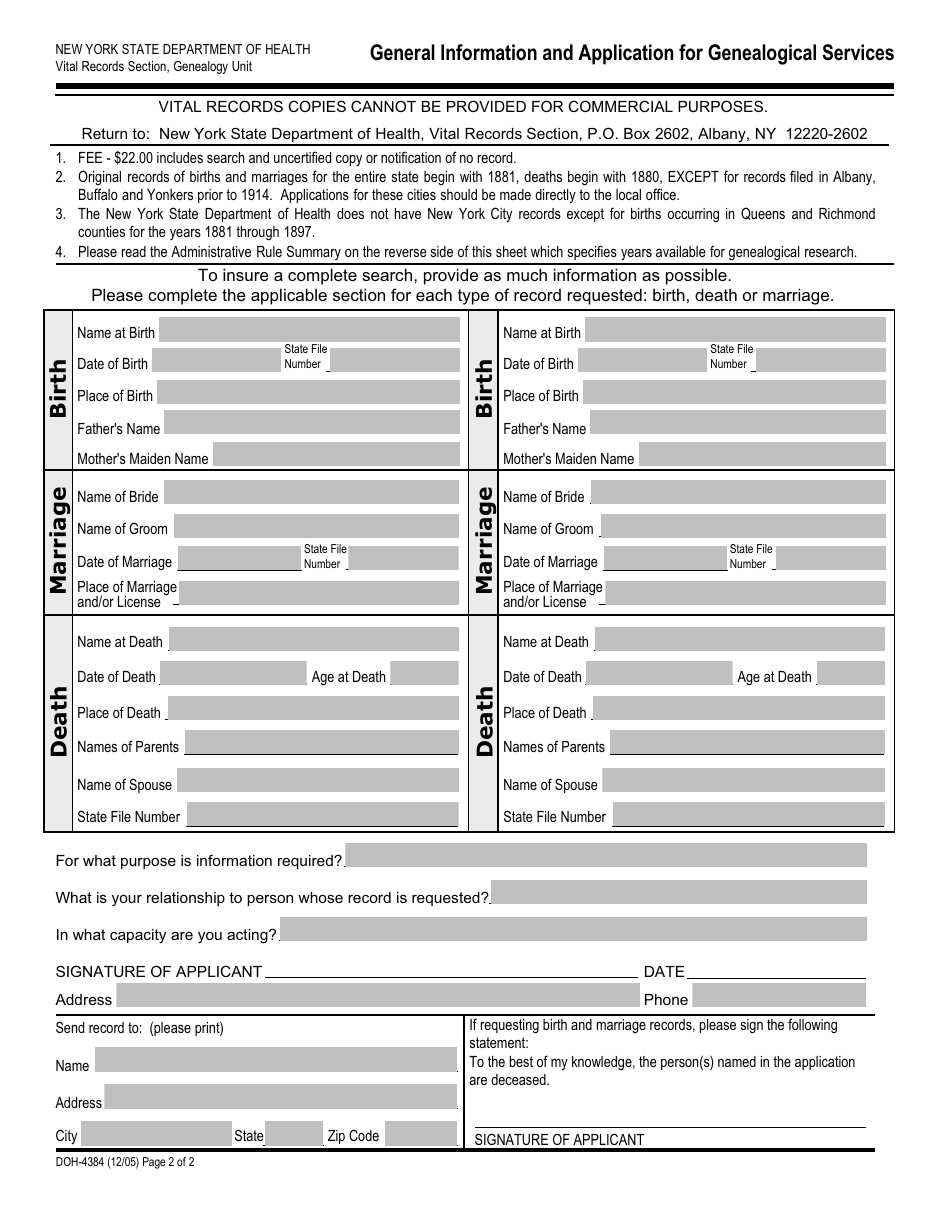 Form DOH-4384 General Information and Application for Genealogical Services - New York, Page 2