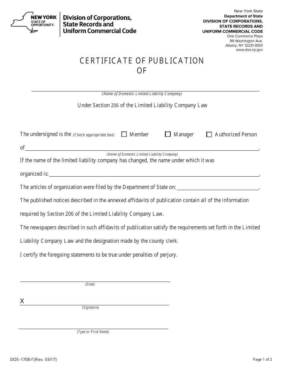 Form DOS-1708-F Certificate of Publication - New York, Page 1