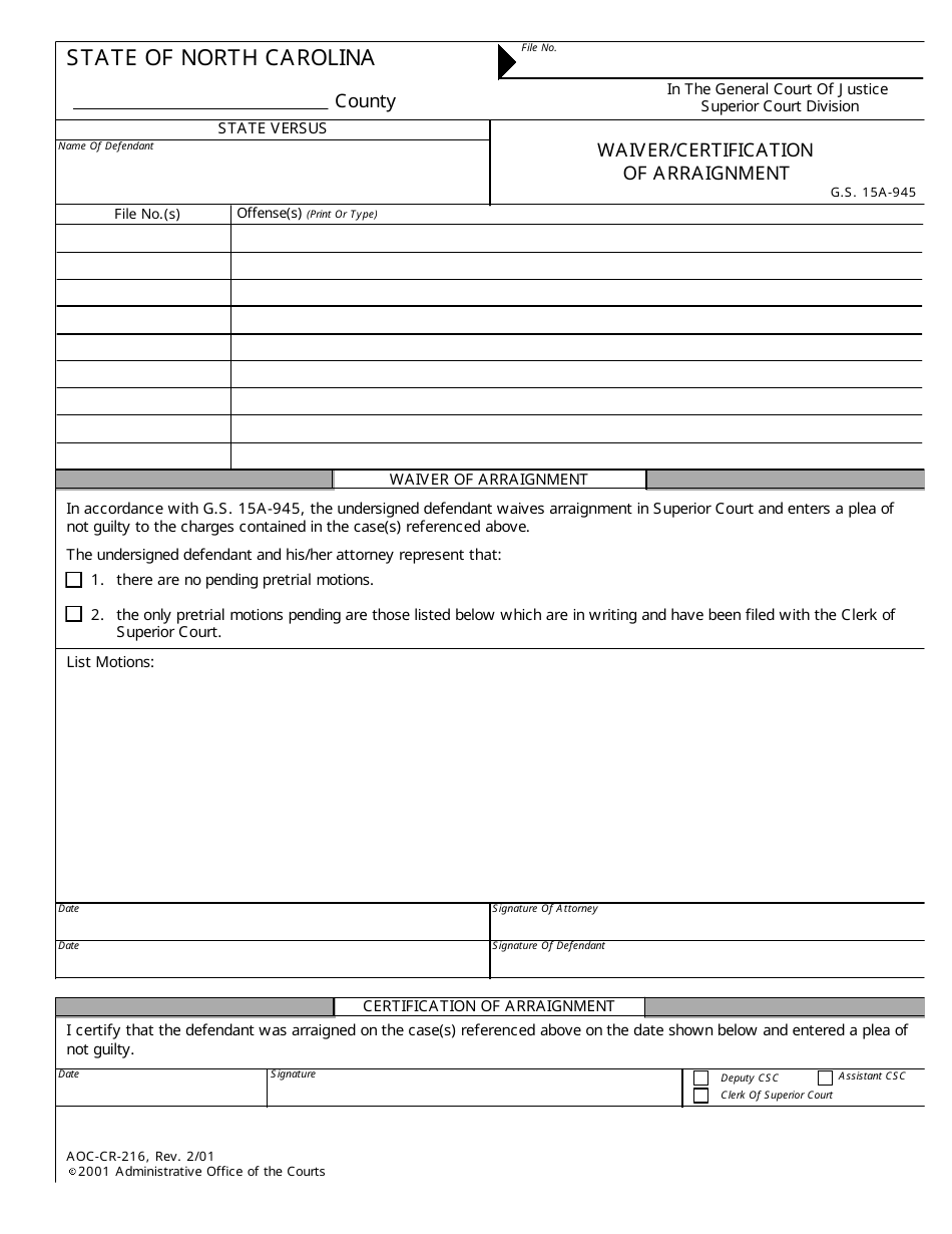 Form AOC-CR-216 Waiver/Certification of Arraignment - North Carolina, Page 1