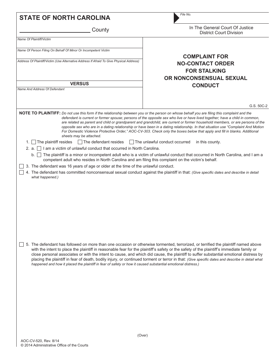 Form AOC-CV-520 Complaint for No-Contact Order for Stalking or Nonconsensual Sexual Conduct - North Carolina, Page 1