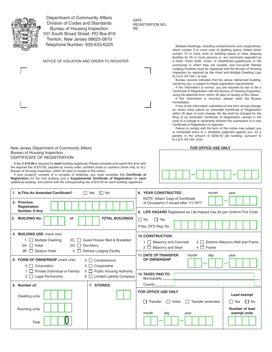 Form BHI4 Certificate of Registration - New Jersey, Page 1