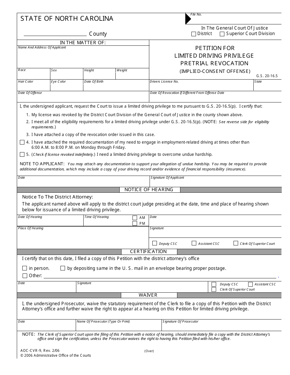 Form AOC-CVR-9 Petition for Limited Driving Privilege Pretrial Revocation (Implied-Consent Offense) - North Carolina, Page 1