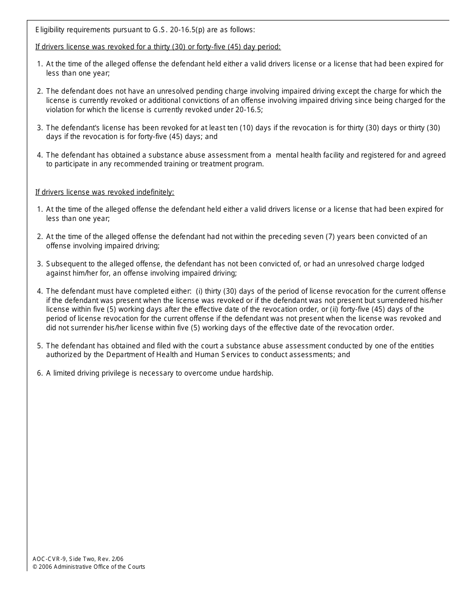 Form AOC-CVR-9 Petition for Limited Driving Privilege Pretrial Revocation (Implied-Consent Offense) - North Carolina, Page 2