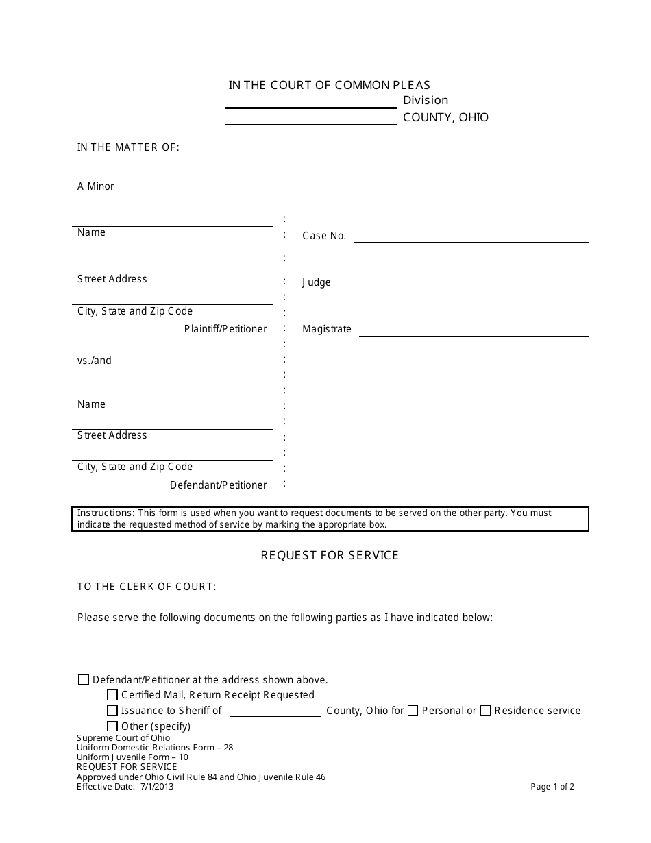 Uniform Domestic Relations Form 28 (Uniform Juvenile Form 10) Request for Service - Ohio, Page 1