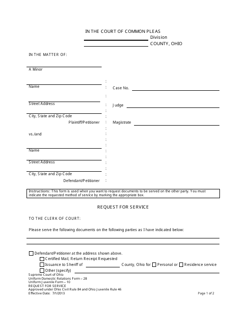 Uniform Domestic Relations Form 28 (Uniform Juvenile Form 10)  Printable Pdf