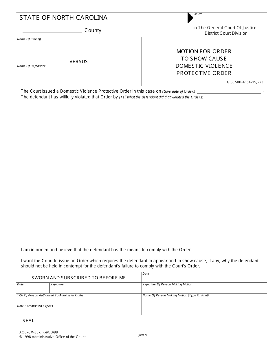 Form Aoc Cv 307 Download Fillable Pdf Or Fill Online Motion For Order To Show Cause Domestic Violence Protective Order North Carolina Templateroller