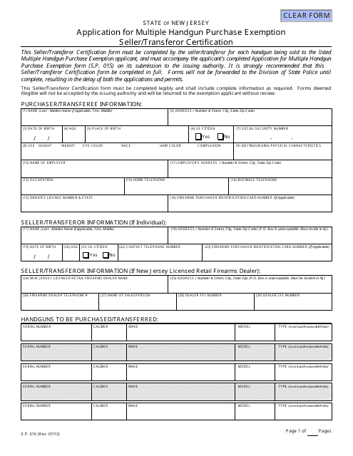 Form S.P.016 Multiple Handgun Purchase Exemption Seller / Transferor Certification - New Jersey