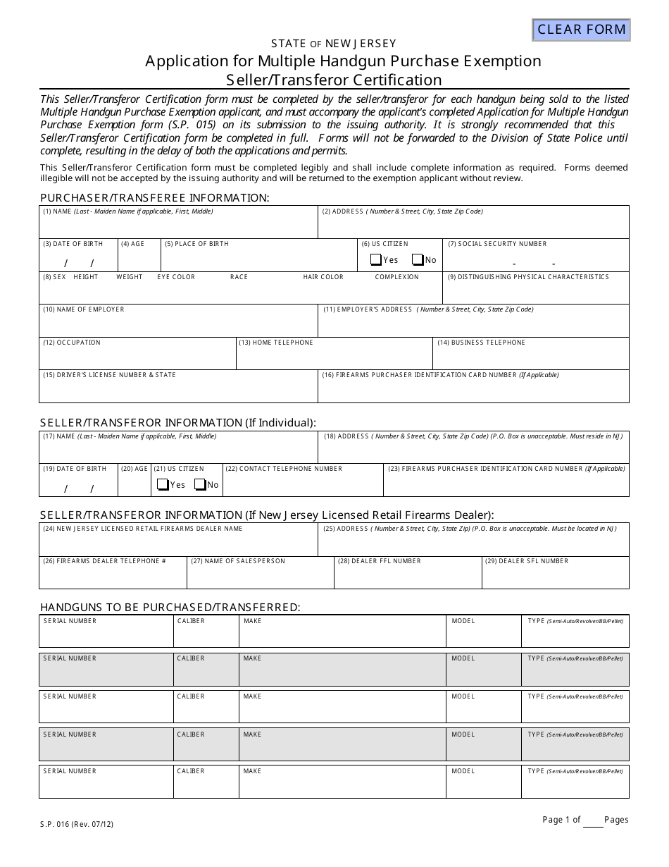 Form S.P.016 Multiple Handgun Purchase Exemption Seller / Transferor Certification - New Jersey, Page 1