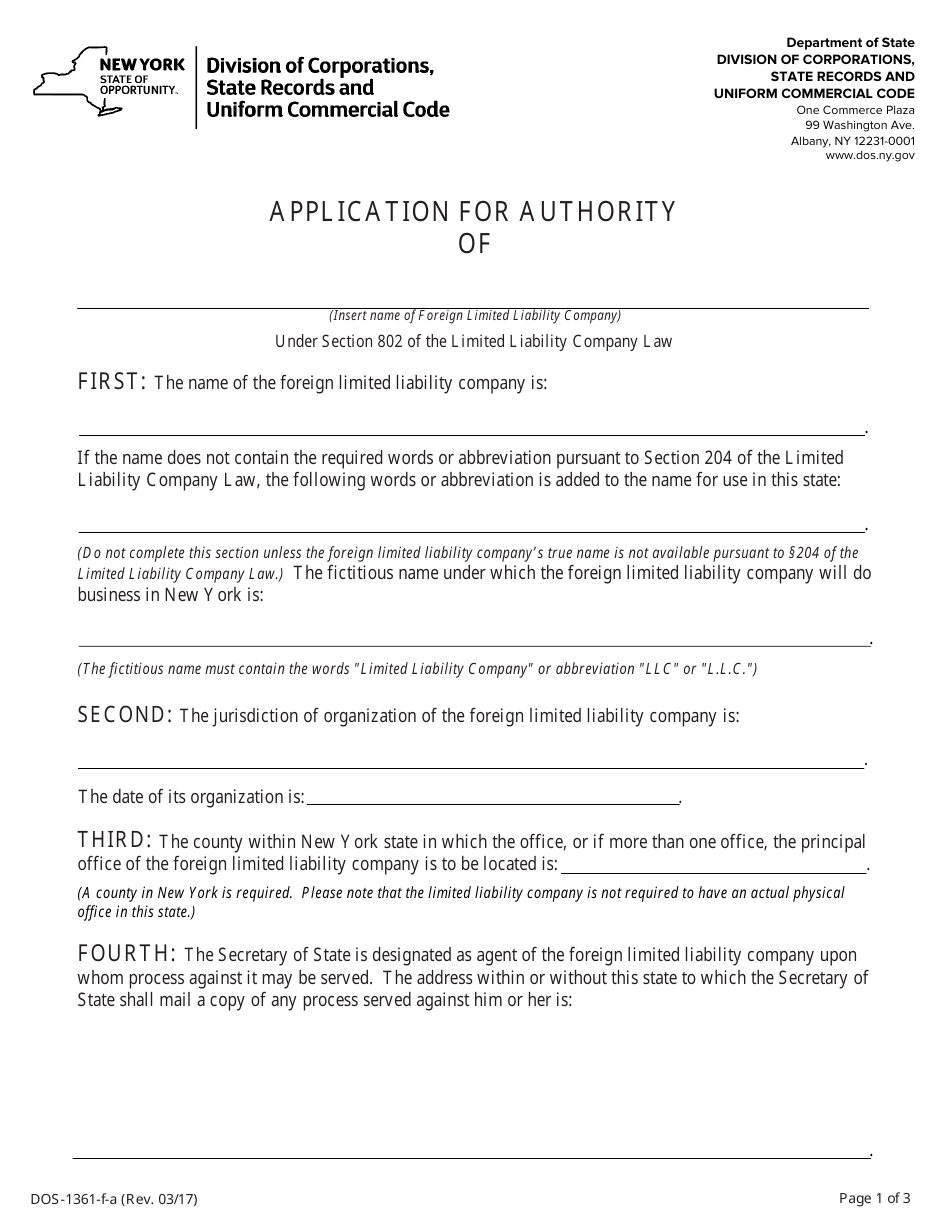 Form Dos 1361 F A Download Fillable Pdf Or Fill Online Application For Authority New York Templateroller