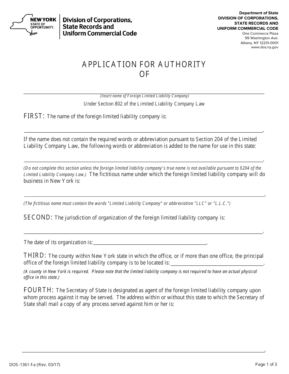 Form DOS-1361-F-A Application for Authority - New York, Page 1