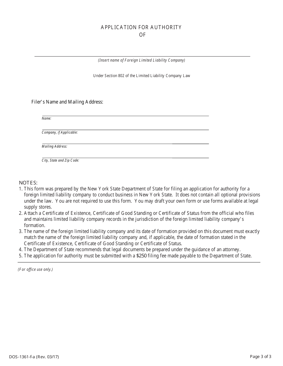 Form DOS-1361-F-A Application for Authority - New York, Page 3