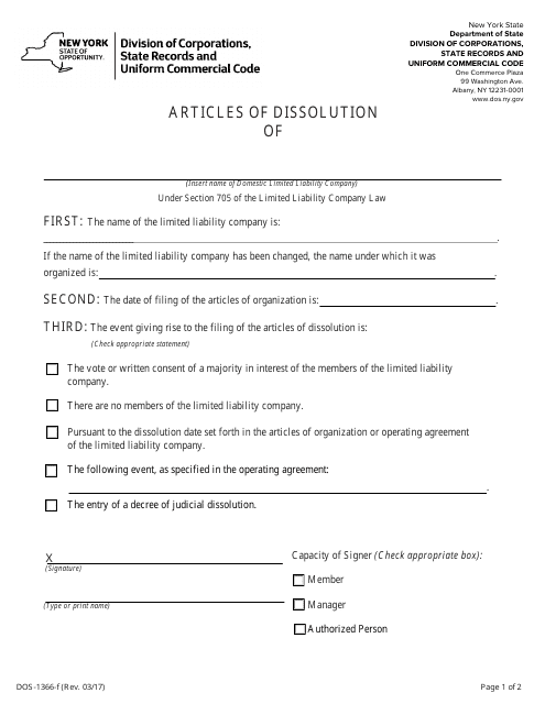 Form DOS-1366-F Articles of Dissolution - New York