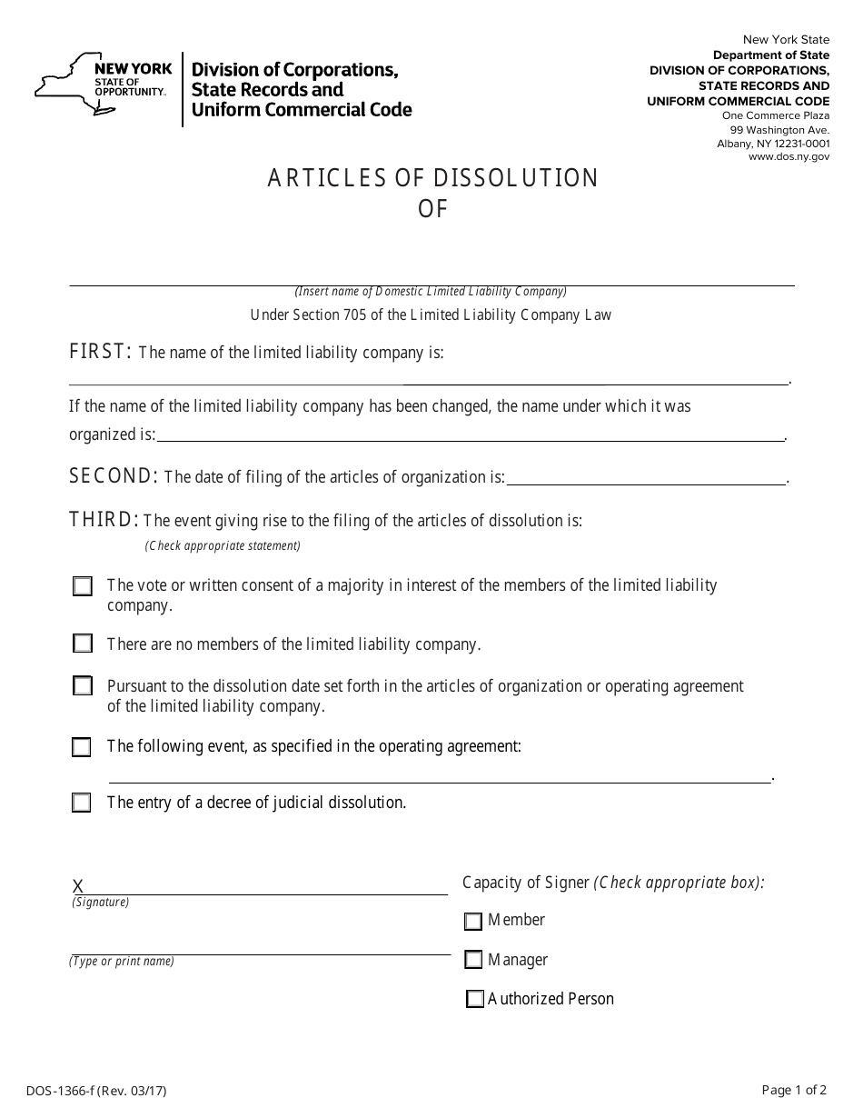 Form DOS-1366-F Articles of Dissolution - New York, Page 1