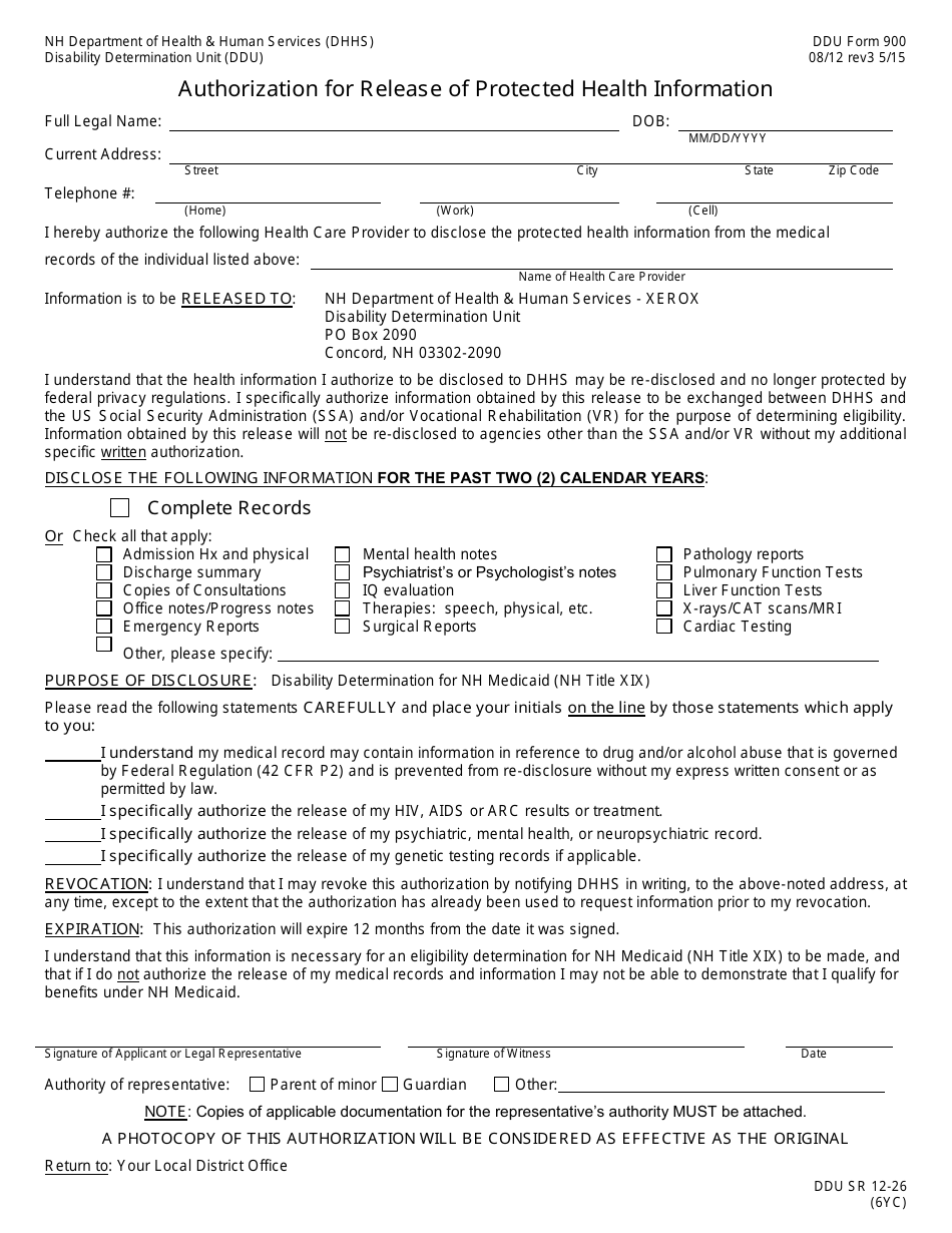 DDU Form 900 Authorization for Release of Protected Health Information - New Hampshire, Page 1