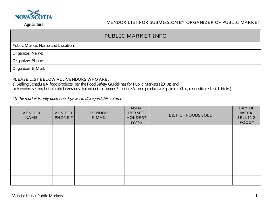 Vendor List for Submission by Organizer of Public Market - Nova Scotia, Canada, Page 1