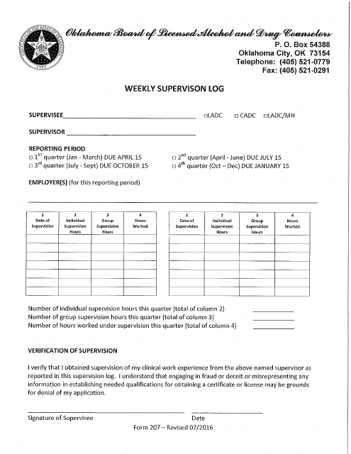 Form 207 Weekly Supervising Log - Oklahoma