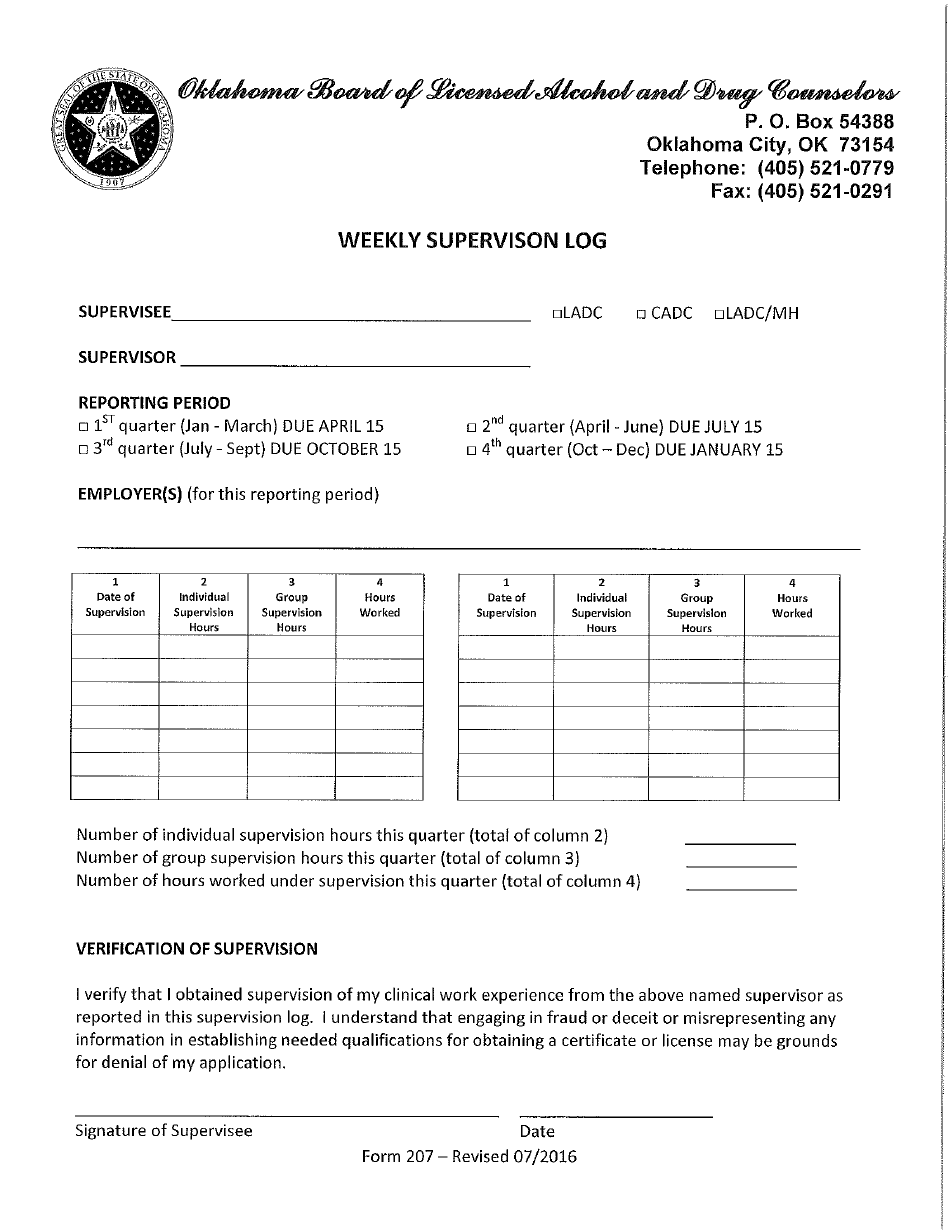 Form 207 Weekly Supervising Log - Oklahoma, Page 1