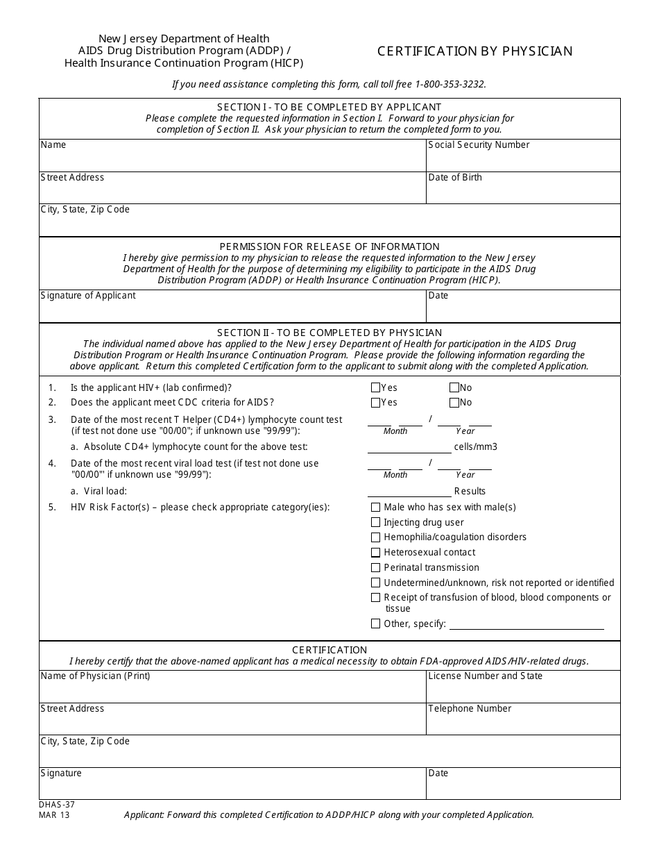 Form DHAS-37 Certification by Physician (Addp / Hicp) - New Jersey, Page 1