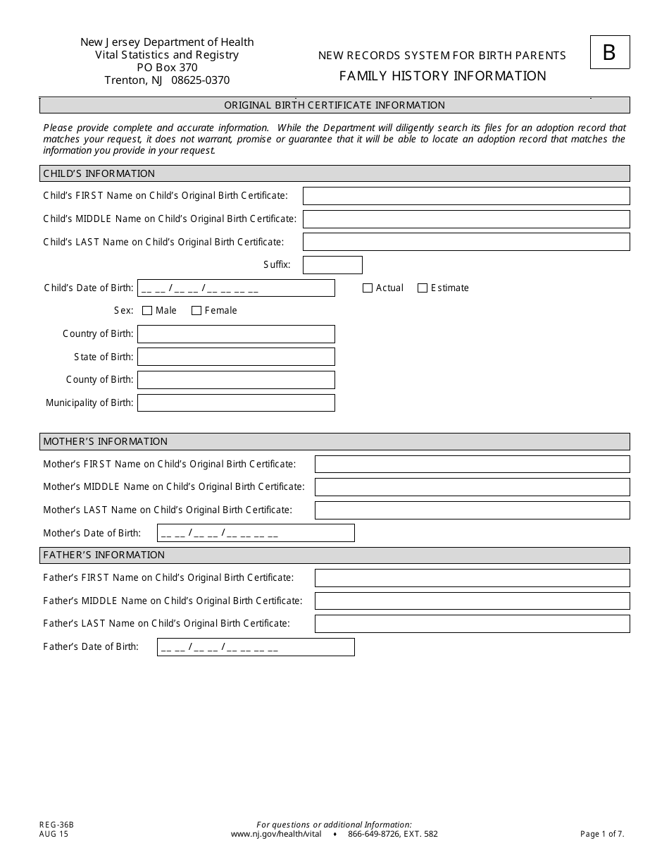 Form B (REG-36B) New Records System for Birth Parents Family History Information Form - New Jersey, Page 1