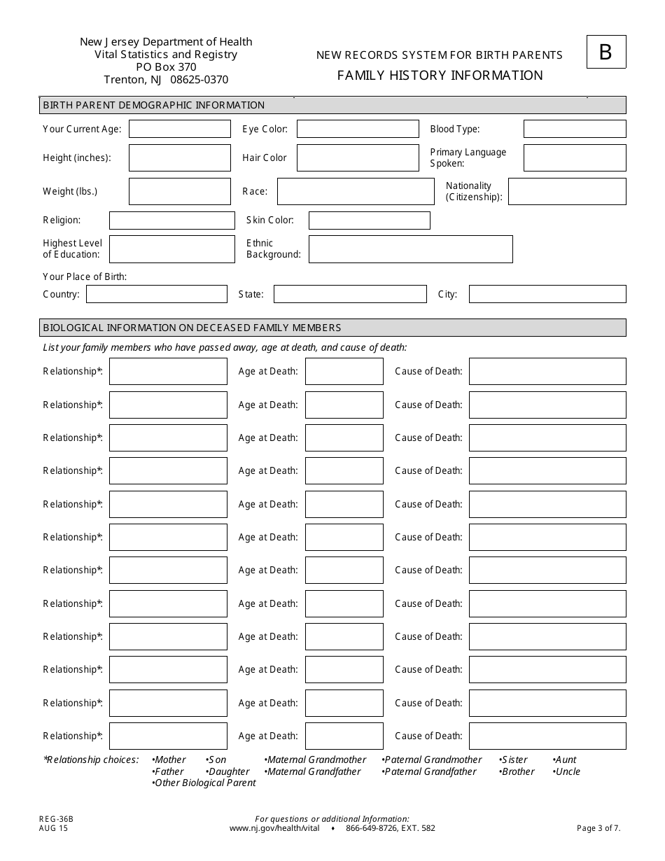 Form B (REG-36B) New Records System for Birth Parents Family History Information Form - New Jersey, Page 3