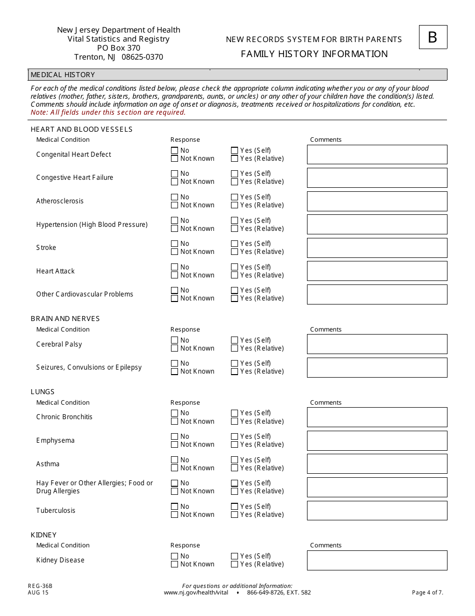 Form B (REG-36B) New Records System for Birth Parents Family History Information Form - New Jersey, Page 4