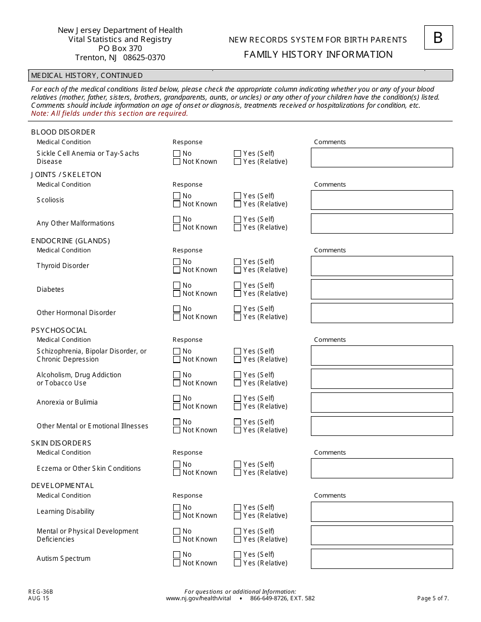 Form B (REG-36B) New Records System for Birth Parents Family History Information Form - New Jersey, Page 5