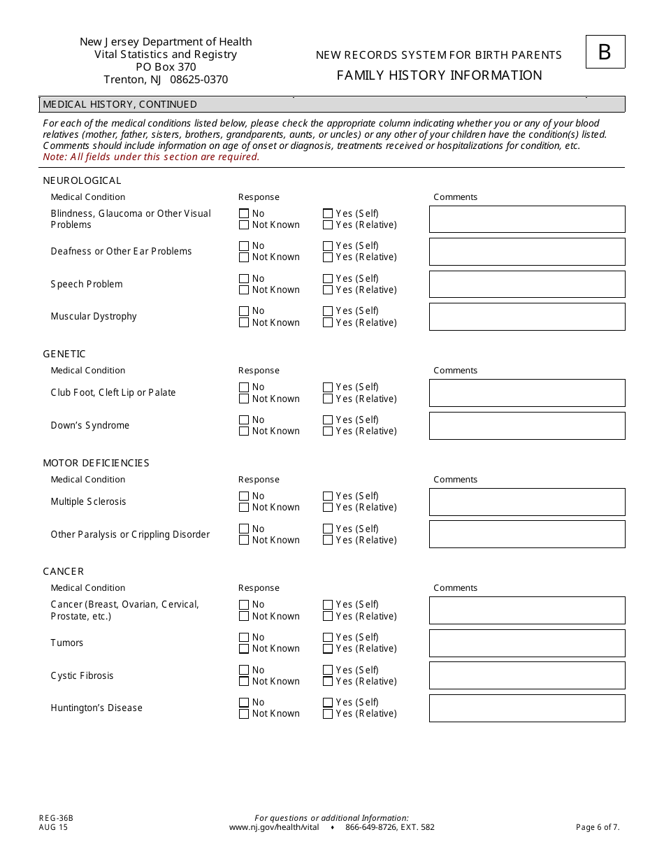 Form B (REG-36B) New Records System for Birth Parents Family History Information Form - New Jersey, Page 6