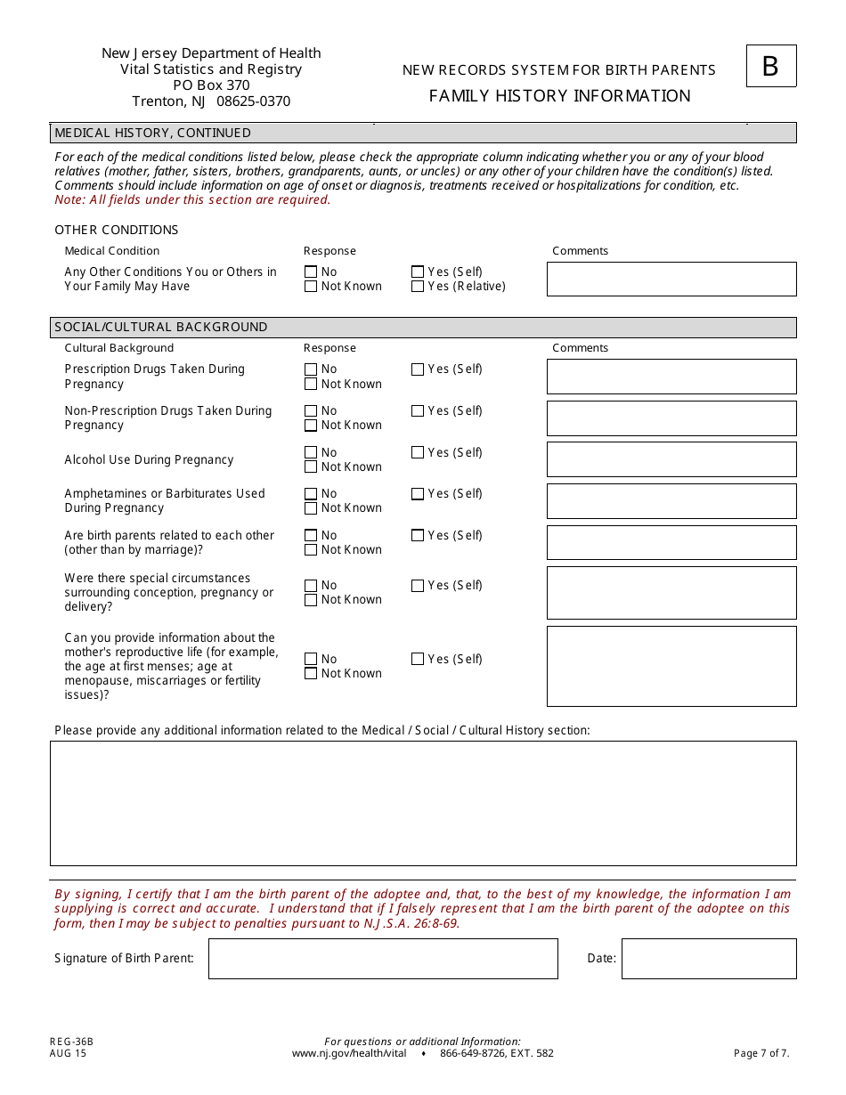 Form B (REG-36B) New Records System for Birth Parents Family History Information Form - New Jersey, Page 7