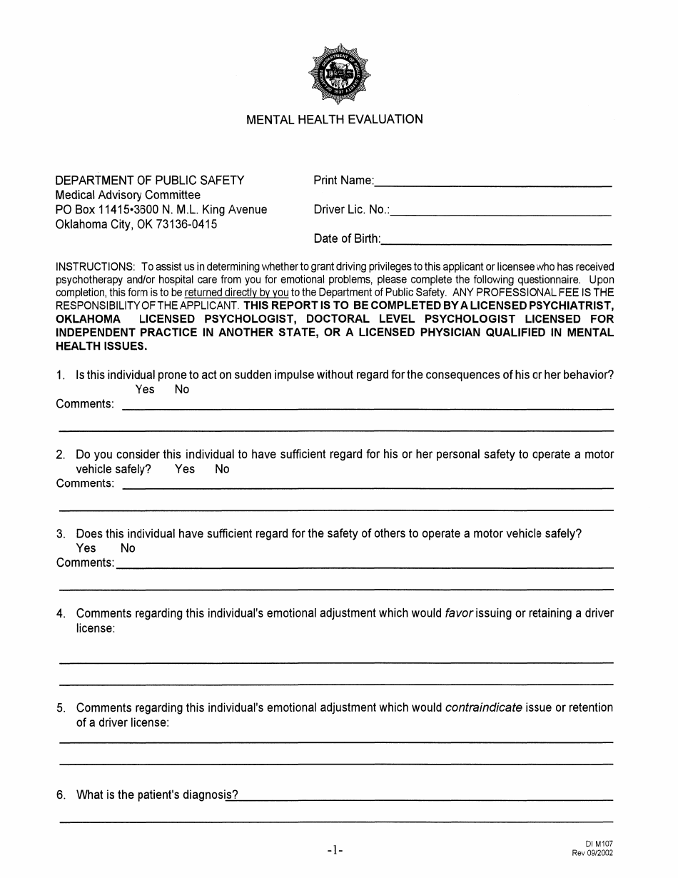 Form DI M107 Mental Health Evaluation - Oklahoma, Page 1