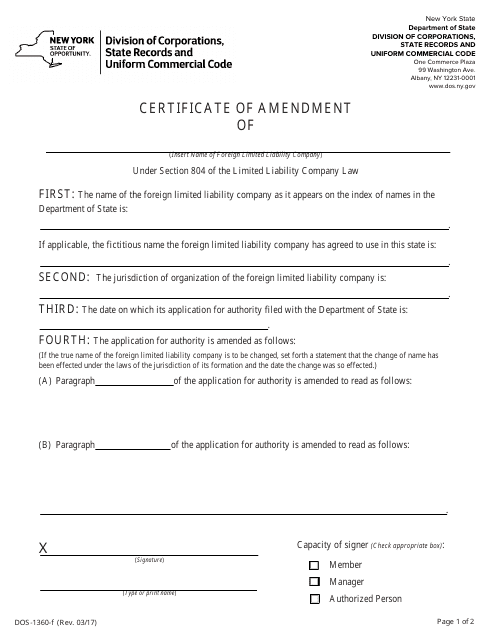 Form DOS-1360-F Certificate of Amendment - New York