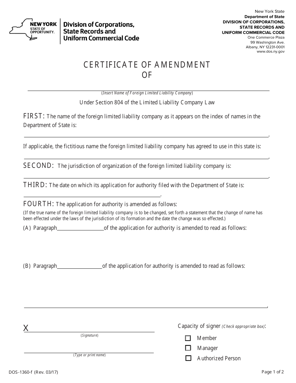 Form DOS-1360-F Certificate of Amendment - New York, Page 1