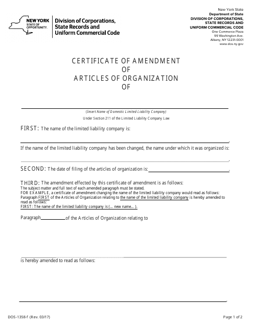 Form DOS-1358-F Certificate of Amendment of Articles of Organization - New York