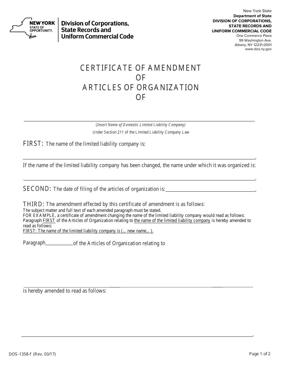 Form DOS-1358-F Certificate of Amendment of Articles of Organization - New York, Page 1