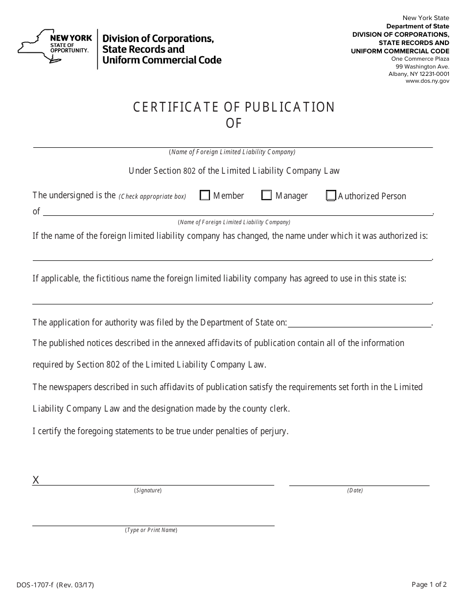 Form DOS-1707-F Certificate of Publication - New York, Page 1
