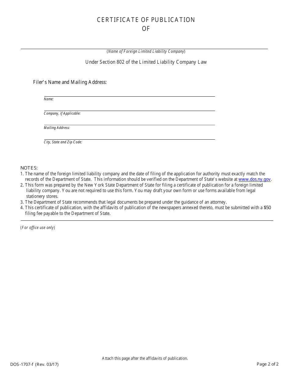 Form DOS-1707-F Certificate of Publication - New York, Page 2