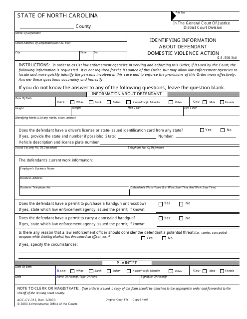 Form AOC-CV-312 Identifying Information About Defendant Domestic Violence Action - North Carolina