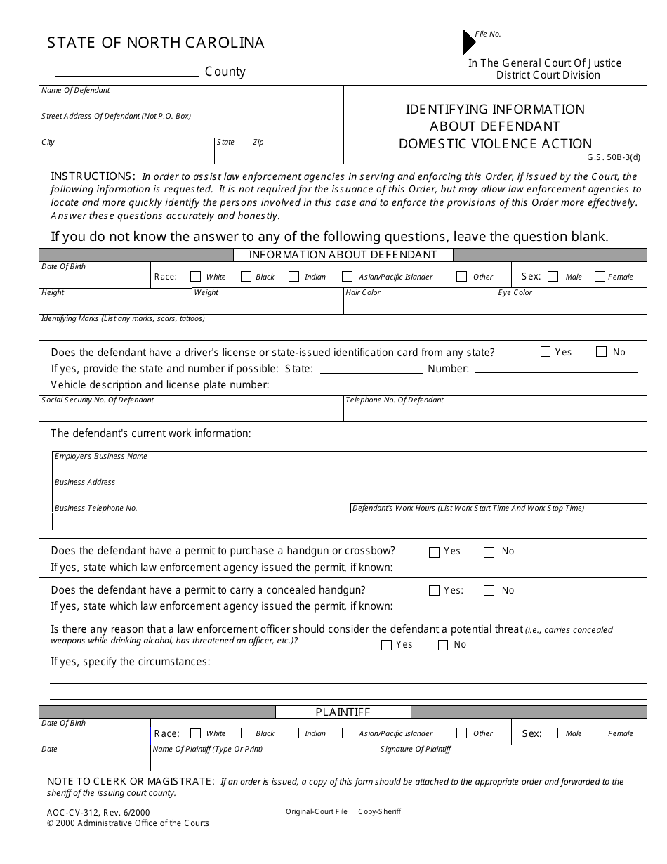 Form AOC-CV-312 Identifying Information About Defendant Domestic Violence Action - North Carolina, Page 1