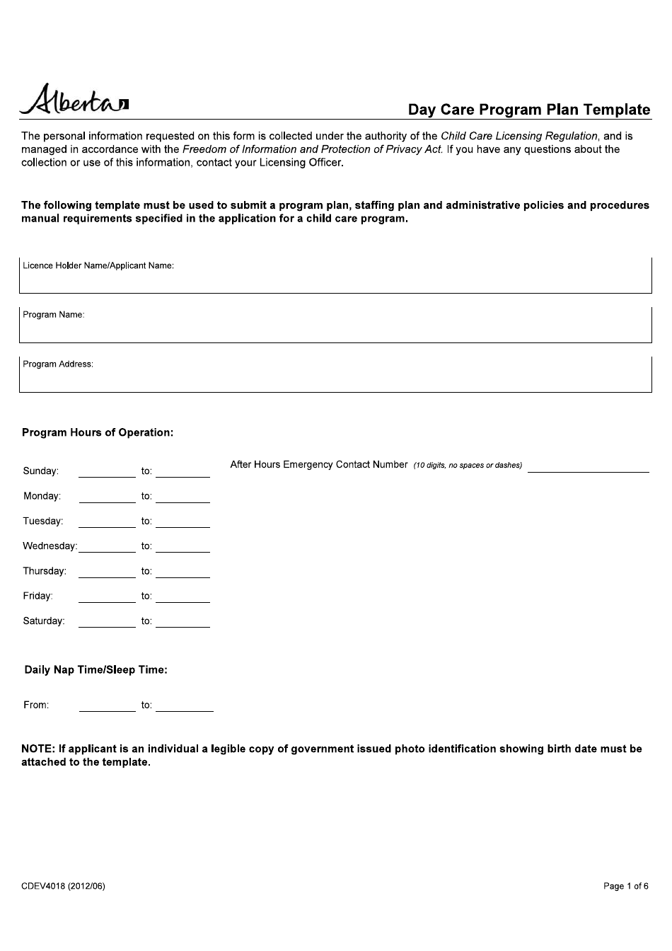 Form CDEV4018 Day Care Program Plan Template - Alberta, Canada, Page 1