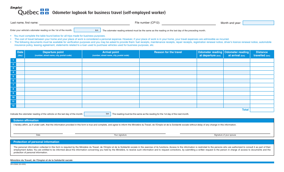 Form SR-2599A Odometer Logbook for Business Travel (Self-employed Worker) - Quebec, Canada, Page 1