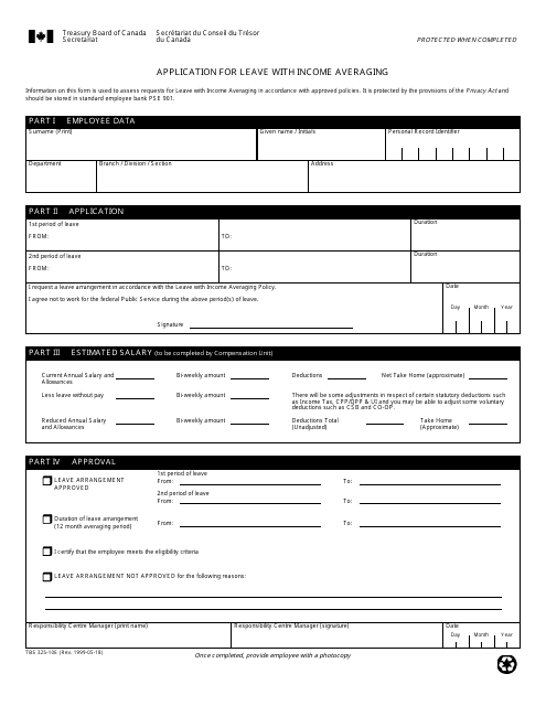 Form TBS325-10 Application for Leave With Income Averaging - Canada