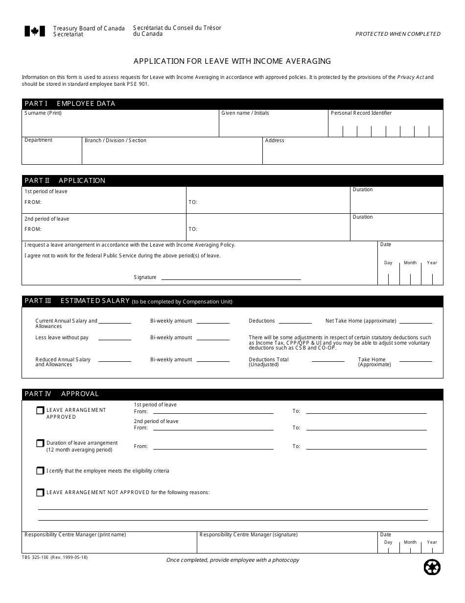 Form TBS325-10 Application for Leave With Income Averaging - Canada, Page 1