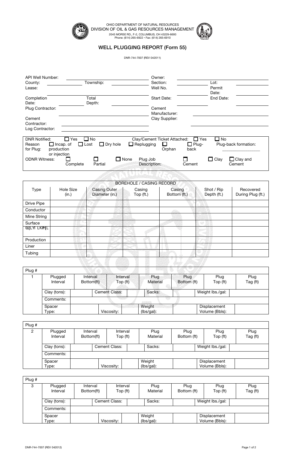 Form 55 (DNR-744-7007) Well Plugging Report - Ohio, Page 1