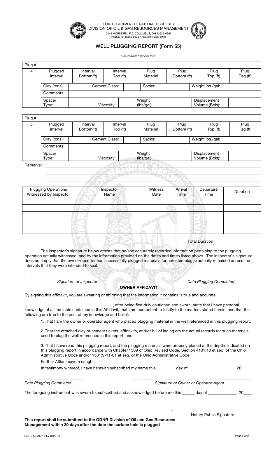 Form 55 (DNR-744-7007) Well Plugging Report - Ohio, Page 2