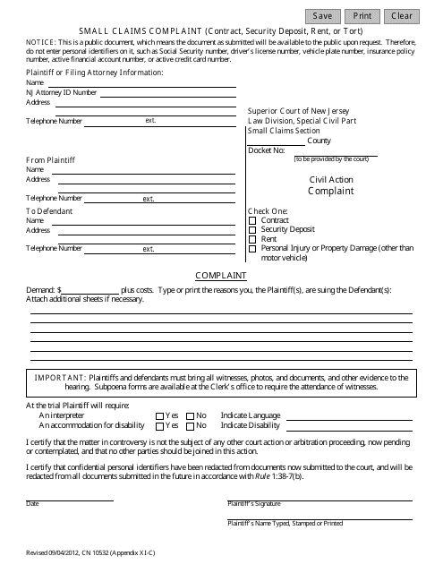 Form 10532 Appendix XI-C Small Claims Complaint (Contract, Security Deposit, Rent, or Tort) - New Jersey